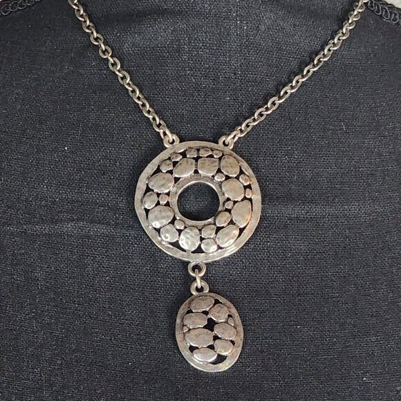 Chico's Vintage Silver Tone Abstract Stone Circle Duo 16.25" Pendant Necklace - Picture 2 of 16